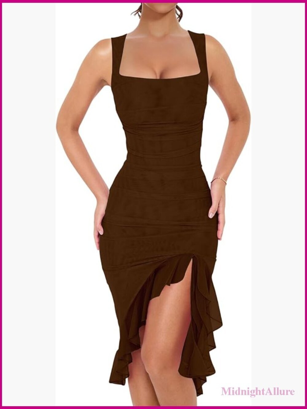 Women's Sexy Bodycon Midi Dress Square Neck Ruffle Hem Cocktail Party